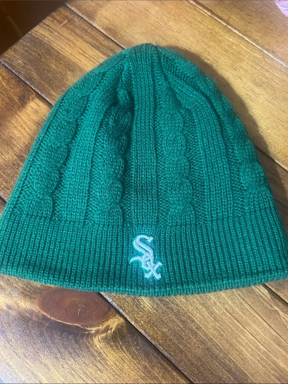 Green Cable Knit Beanie with Embroidered Sox Logo